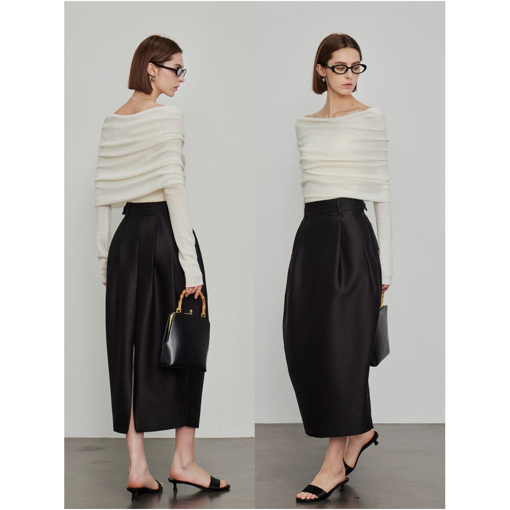 3ONE silk wool high end elegant and fashionable ROW style pleated design high waisted slimming slit tulip skirt image 4