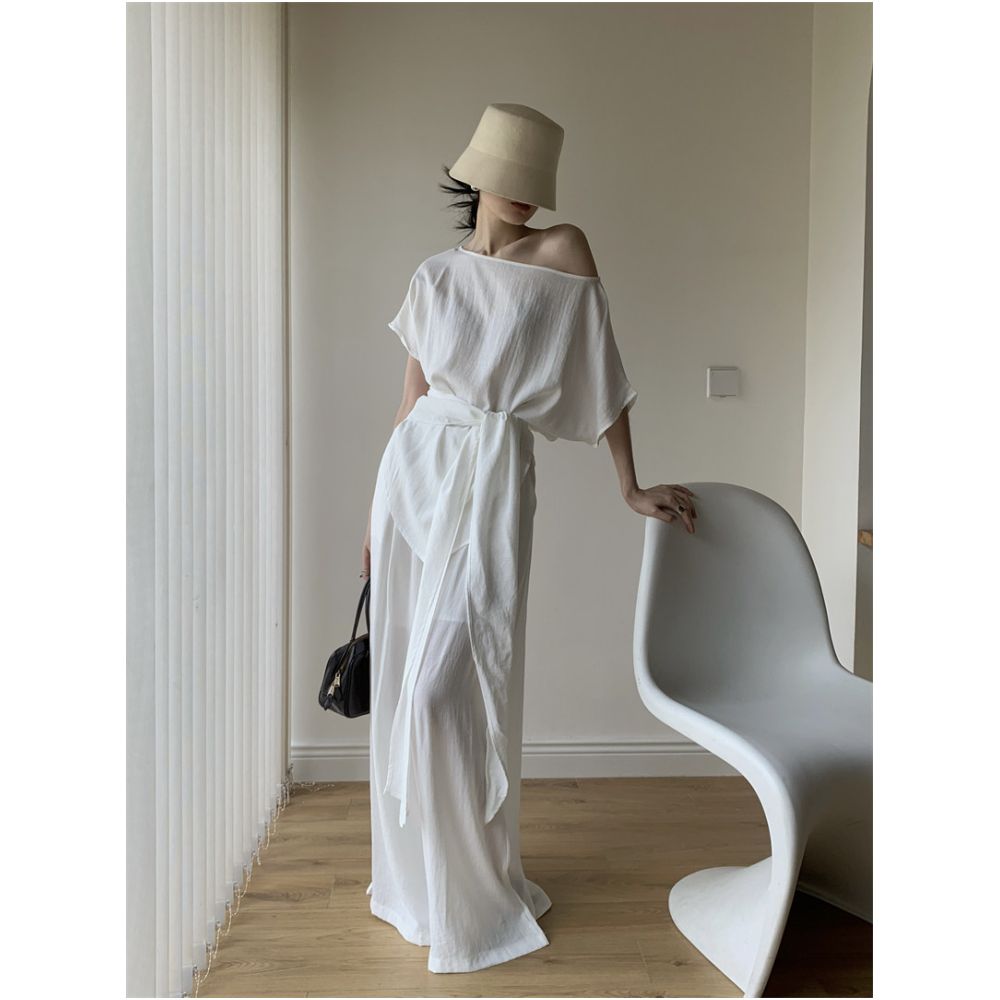 AoWen 2026 Summer Atmosphere Set Asymmetrical Off Shoulder Short Sleeve Tie Up Top Wide Leg Floor Length Pants image 0