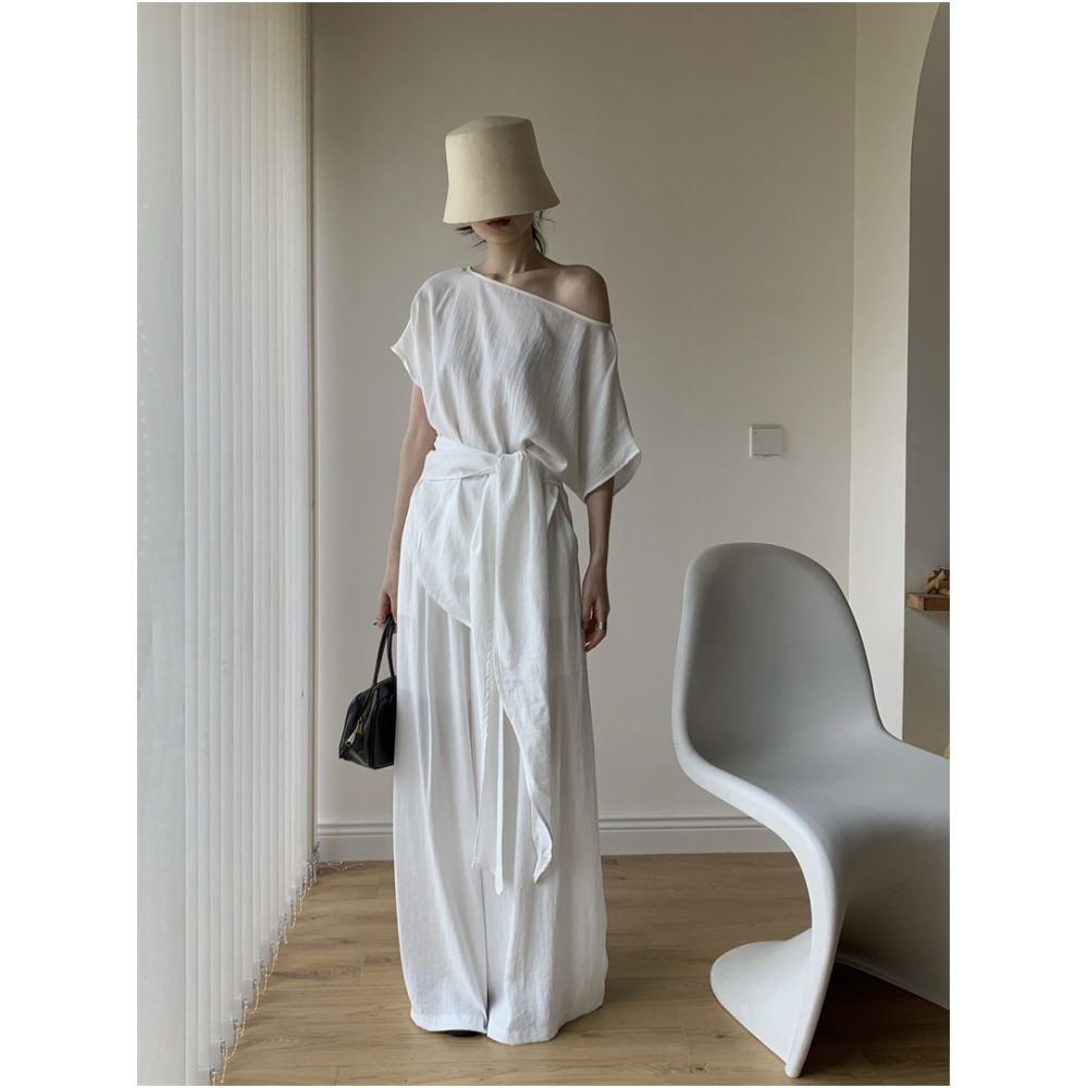 AoWen 2026 Summer Atmosphere Set Asymmetrical Off Shoulder Short Sleeve Tie Up Top Wide Leg Floor Length Pants image 1