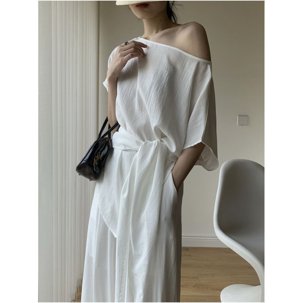 AoWen 2026 Summer Atmosphere Set Asymmetrical Off Shoulder Short Sleeve Tie Up Top Wide Leg Floor Length Pants image 2