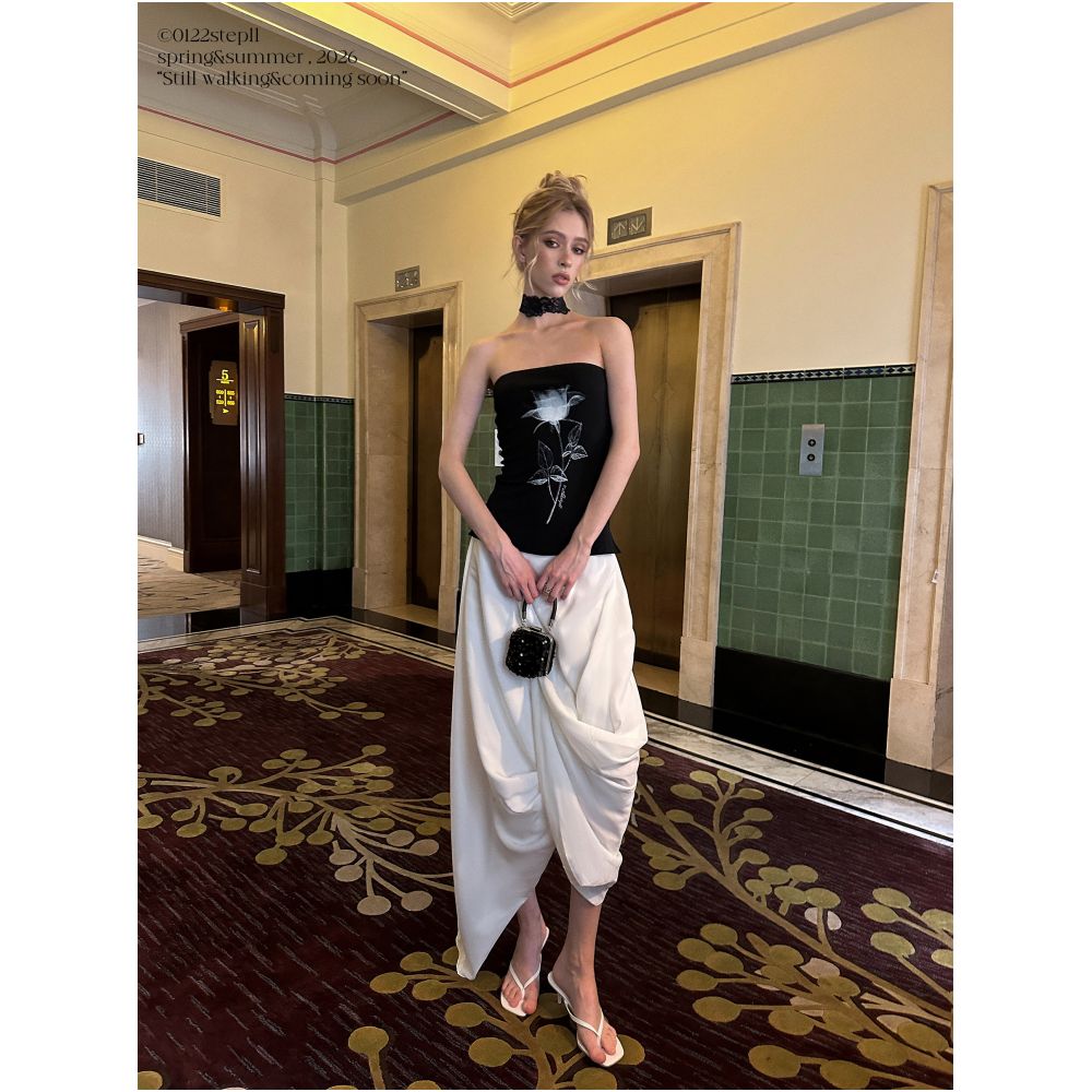 0122stepll Deconstructed Artist White Low Waisted Midi Skirt for Summer Niche Design Irregular Long Skirt image 2