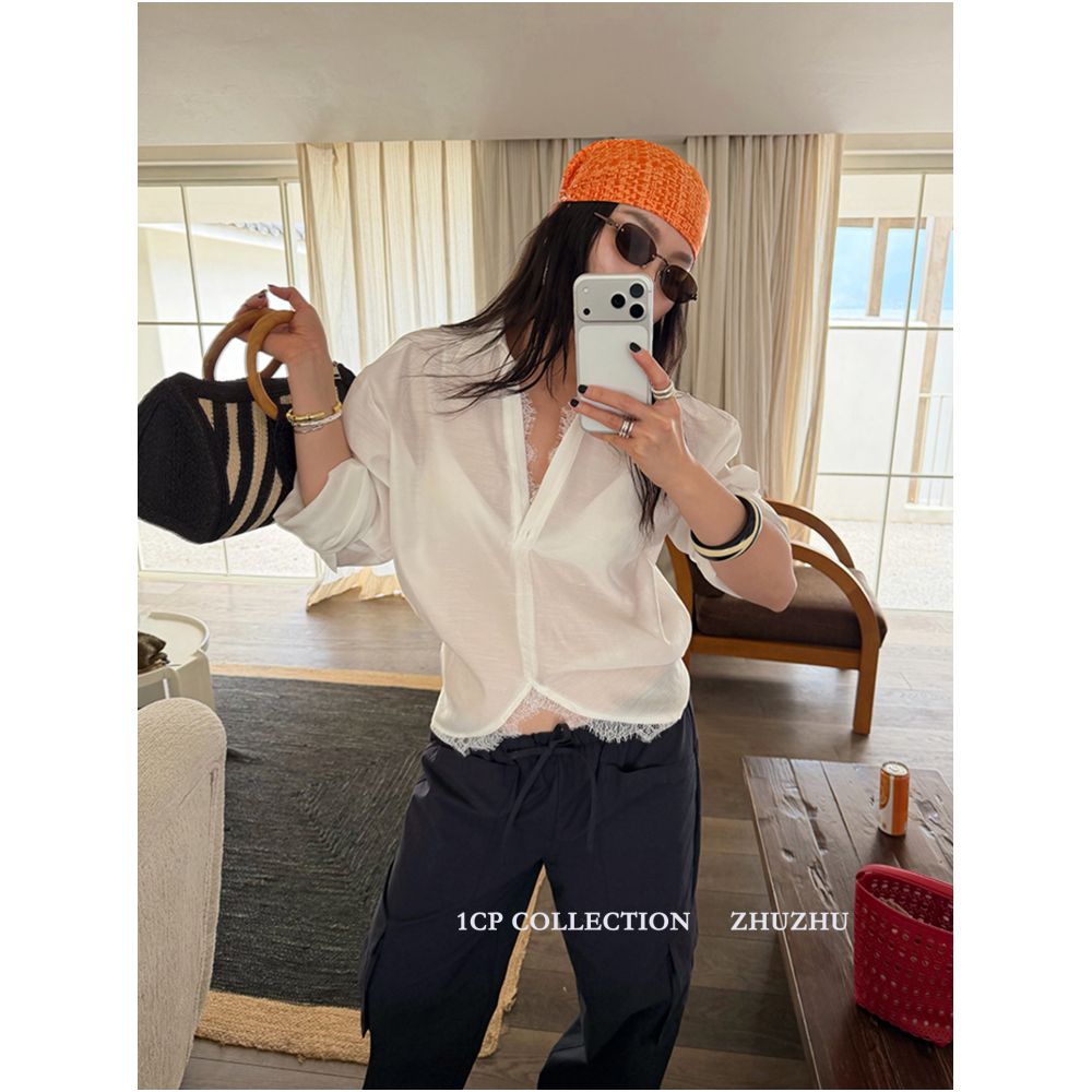 1CP White Tencel Lace Trim Elegant Sunscreen Shirt for Women 2026 Summer New Style Black V Neck Long Sleeve Top image 0
