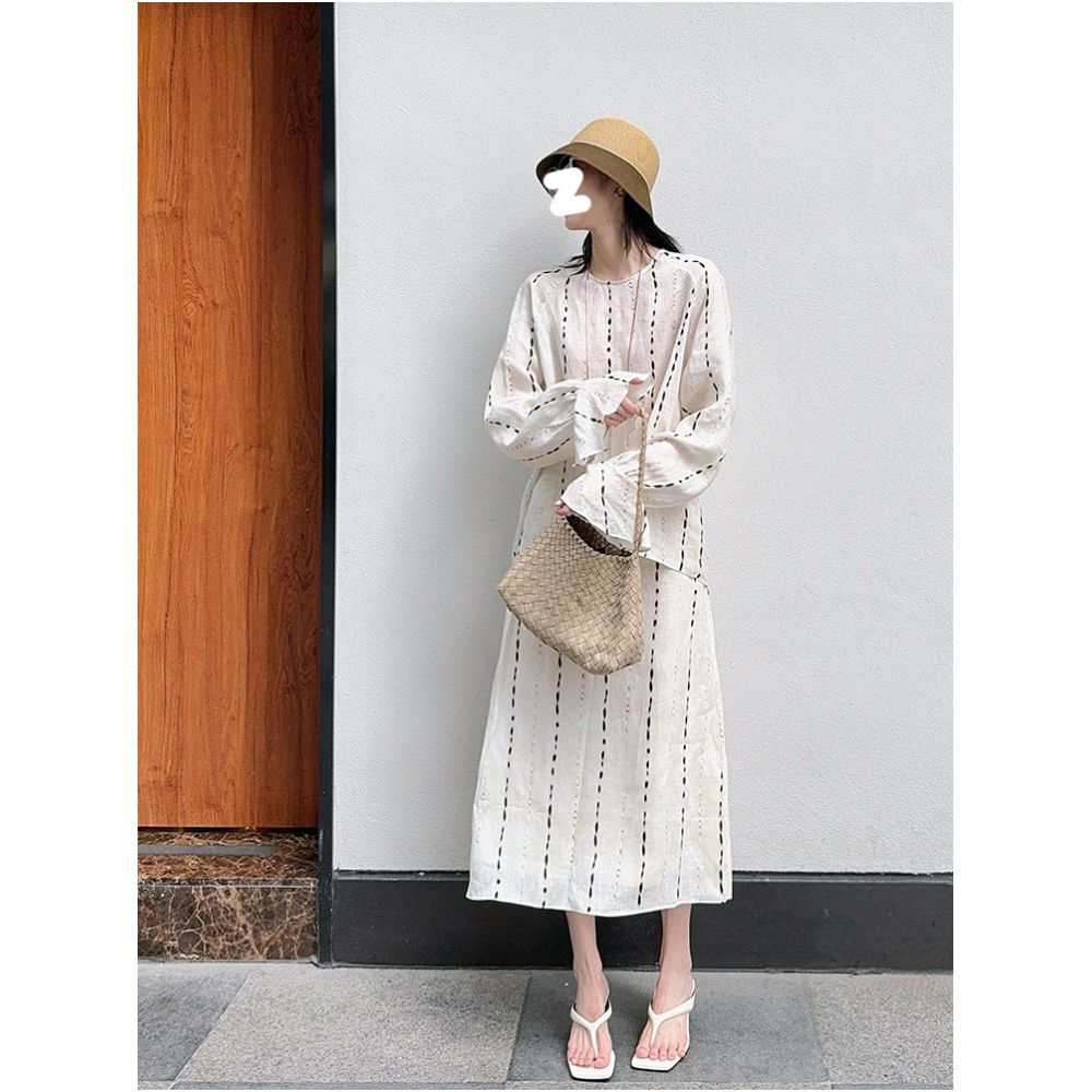 Drawdream French style high end color blocked striped print long sleeved top and high waisted slimming skirt set image 1