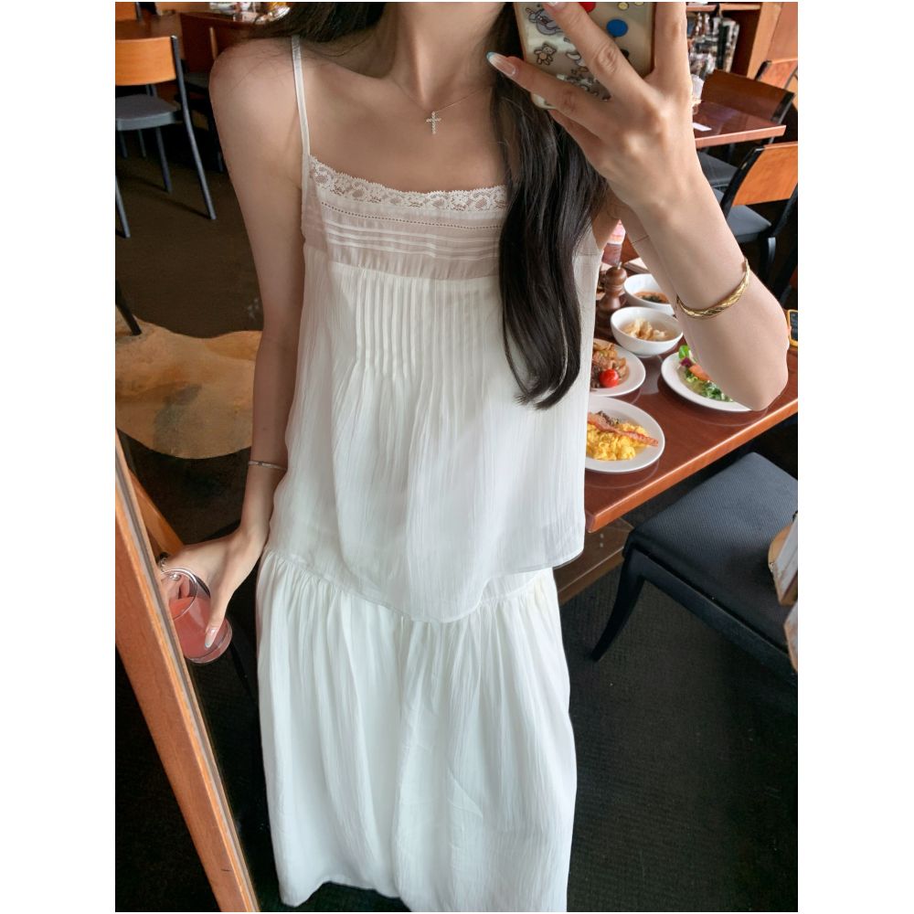 Big Dog with Braces Breathable White Lace Camisole Wide Leg Pants Set Relaxed Breathable and Slimming Two Piece Set image 0