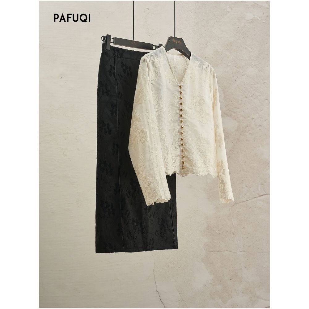 Improved high end new Chinese style suit V neck elegant long sleeved shirt and skirt traditional Chinese style women s clothing 2026 new spring summer style image 0
