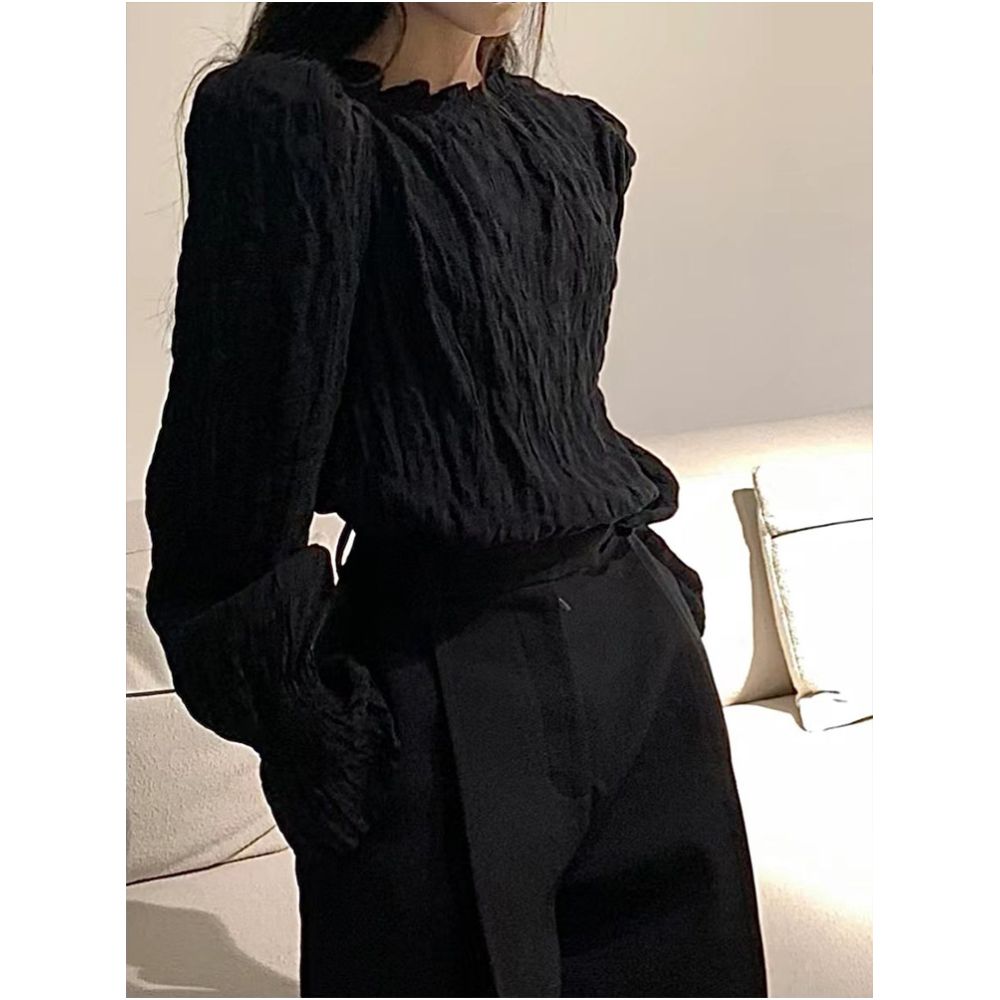 Fleece lined thickened black pleated puff sleeve base layer shirt for women autumn and winter petite loose fit elegant and slimming image 1