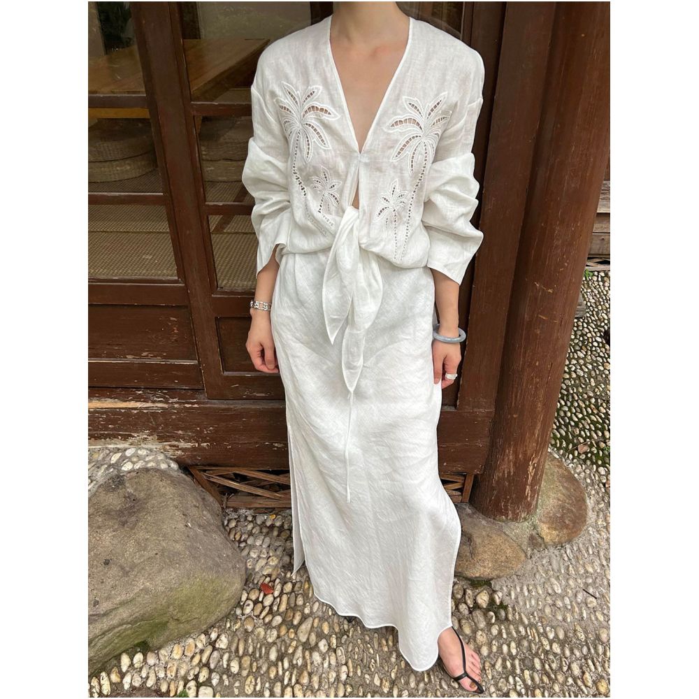 Cool and Zen inspired V neck linen top for women a unique summer design with openwork crochet details paired with a skirt set image 1