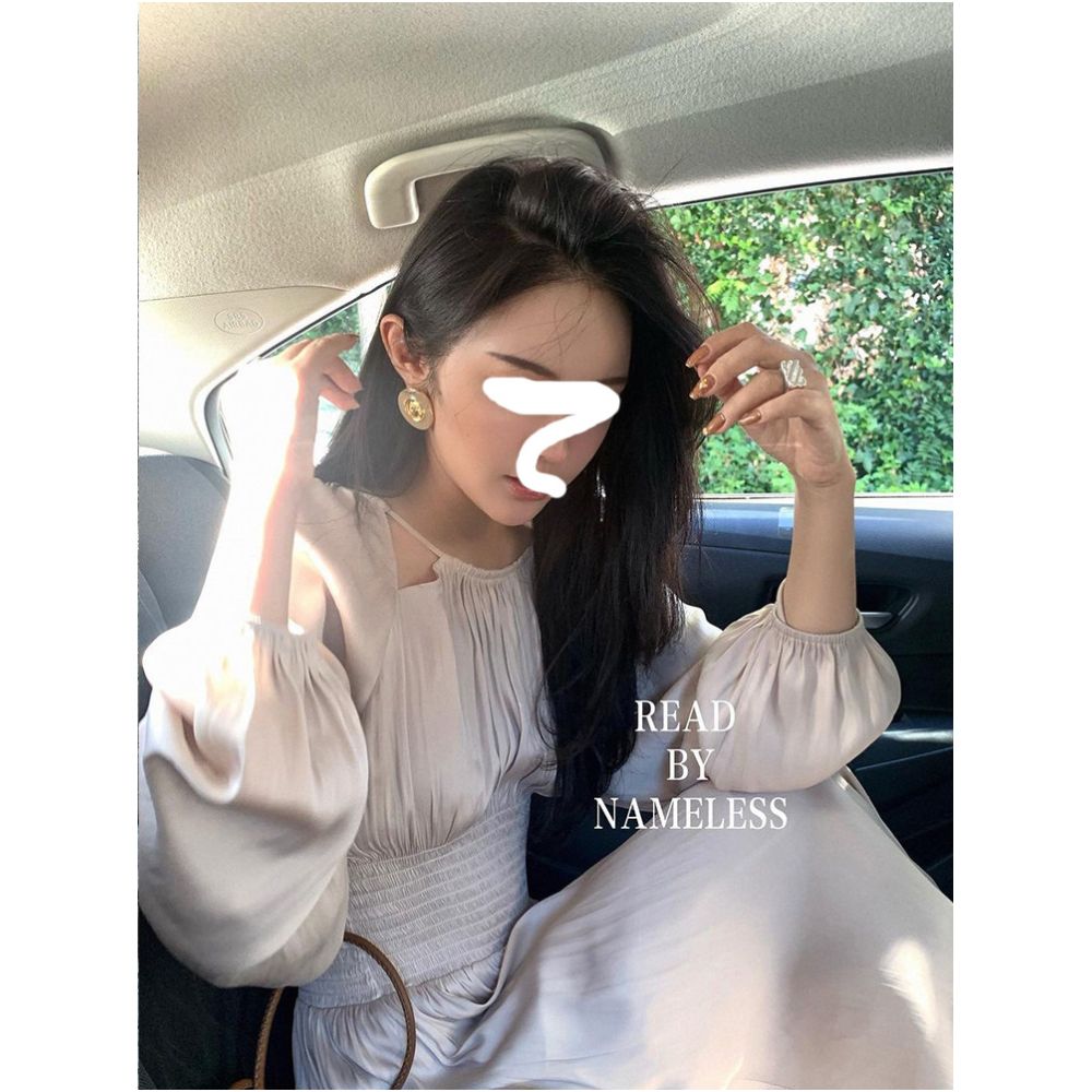 Drawdream elegant and sophisticated long dress with openwork lantern sleeves featuring a pleated and figure hugging design image 4