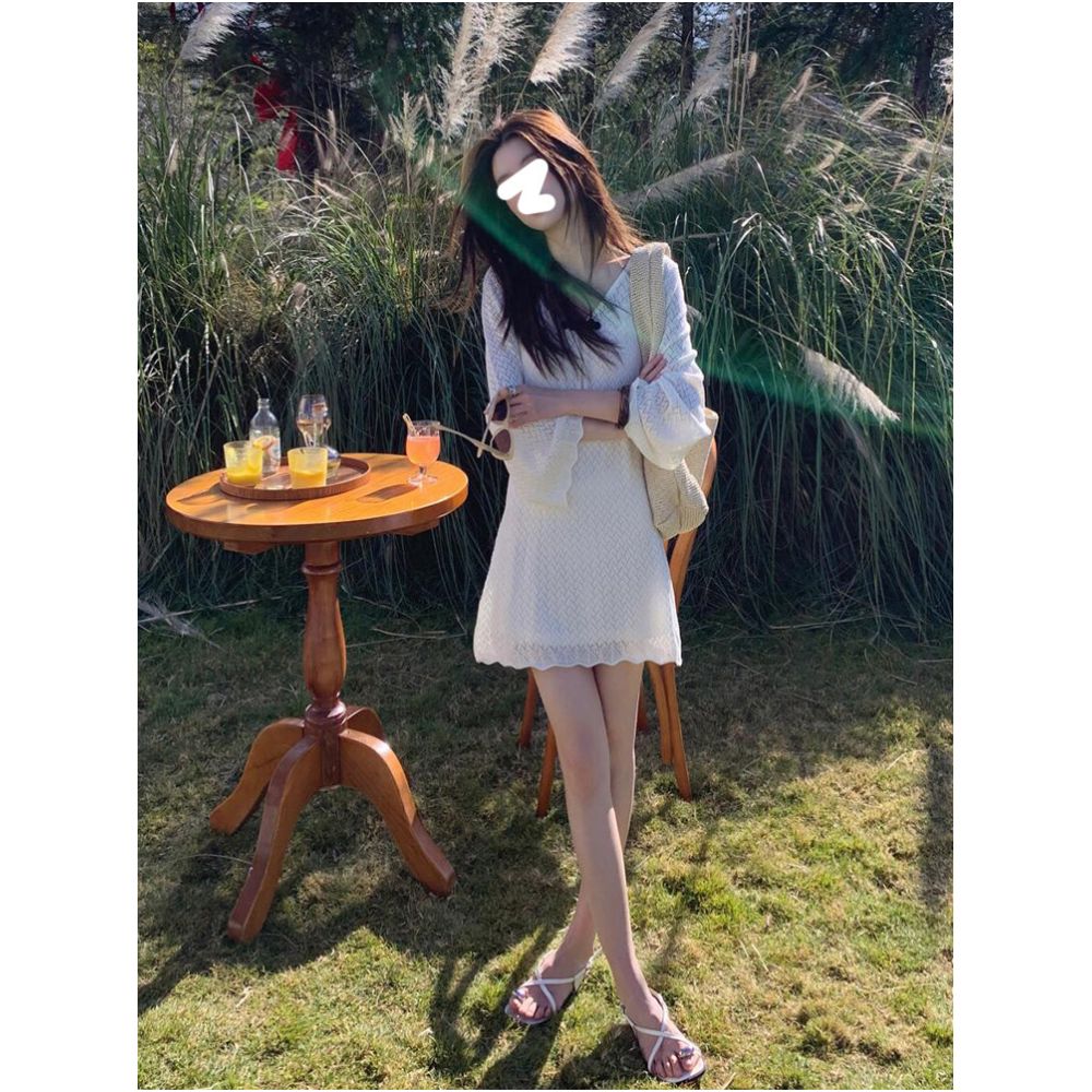 Drawdream Same day shipping Gentle V neck white knit dress feminine flared sleeves slim fitting long dress image 1