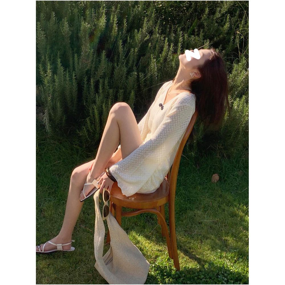 Drawdream Same day shipping Gentle V neck white knit dress feminine flared sleeves slim fitting long dress image 3