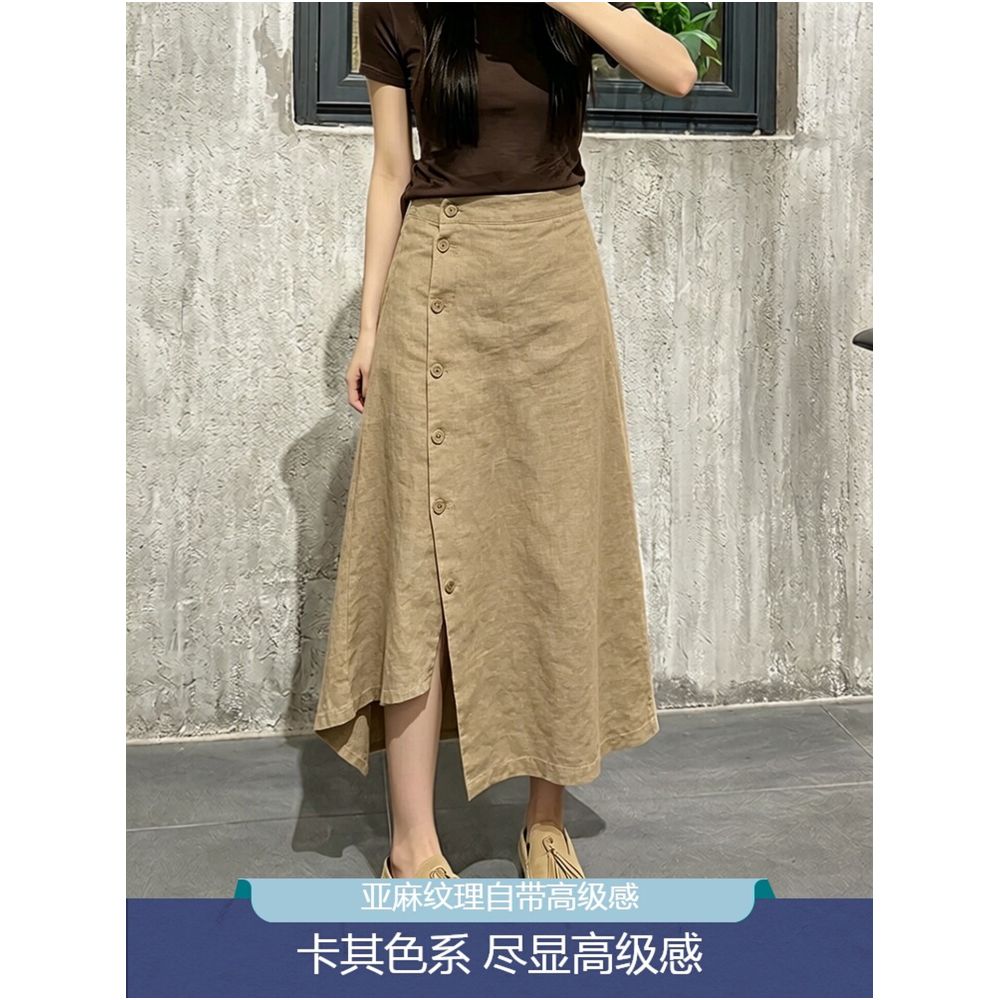 Khaki button down linen midi skirt for women 2026 summer trendy new style high end fashionable versatile irregular skirt image 0
