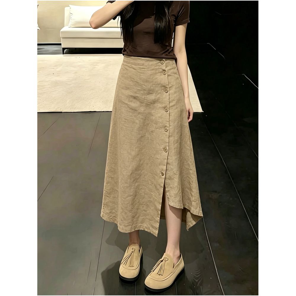 Khaki button down linen midi skirt for women 2026 summer trendy new style high end fashionable versatile irregular skirt image 2