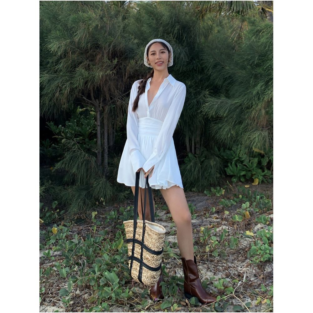 NEVA HU White French style Shirt Dress Short Design Slim Fit Long Sleeves Perfect for Petite Women image 0