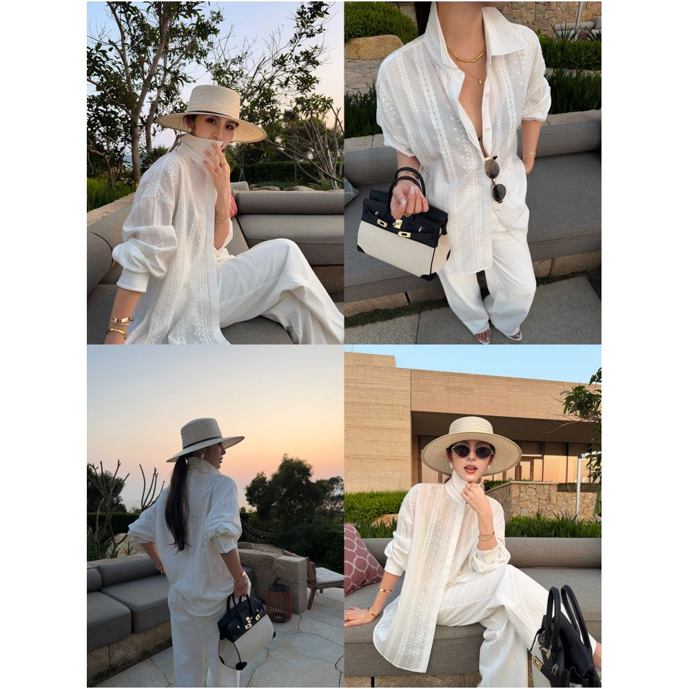 NEVA HU Customized Style Relaxed Fit Hollow Out Embroidered Long Sleeved Shirt and High Waisted Skirt Set image 2