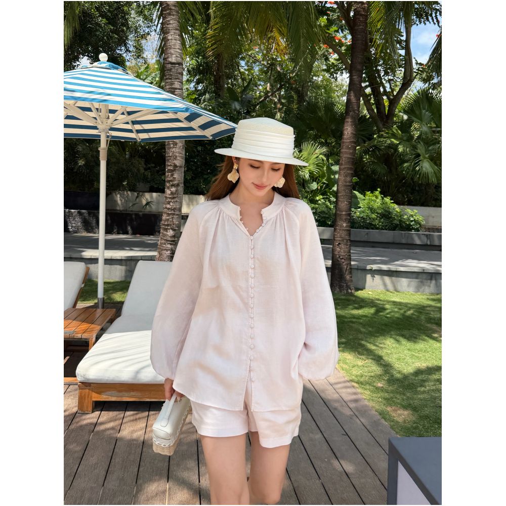 NEVA HU Lyocell Linen Collection Round Neck Button Down Shirt Women s Loose Wide Leg A Line Casual Shorts Set image 2