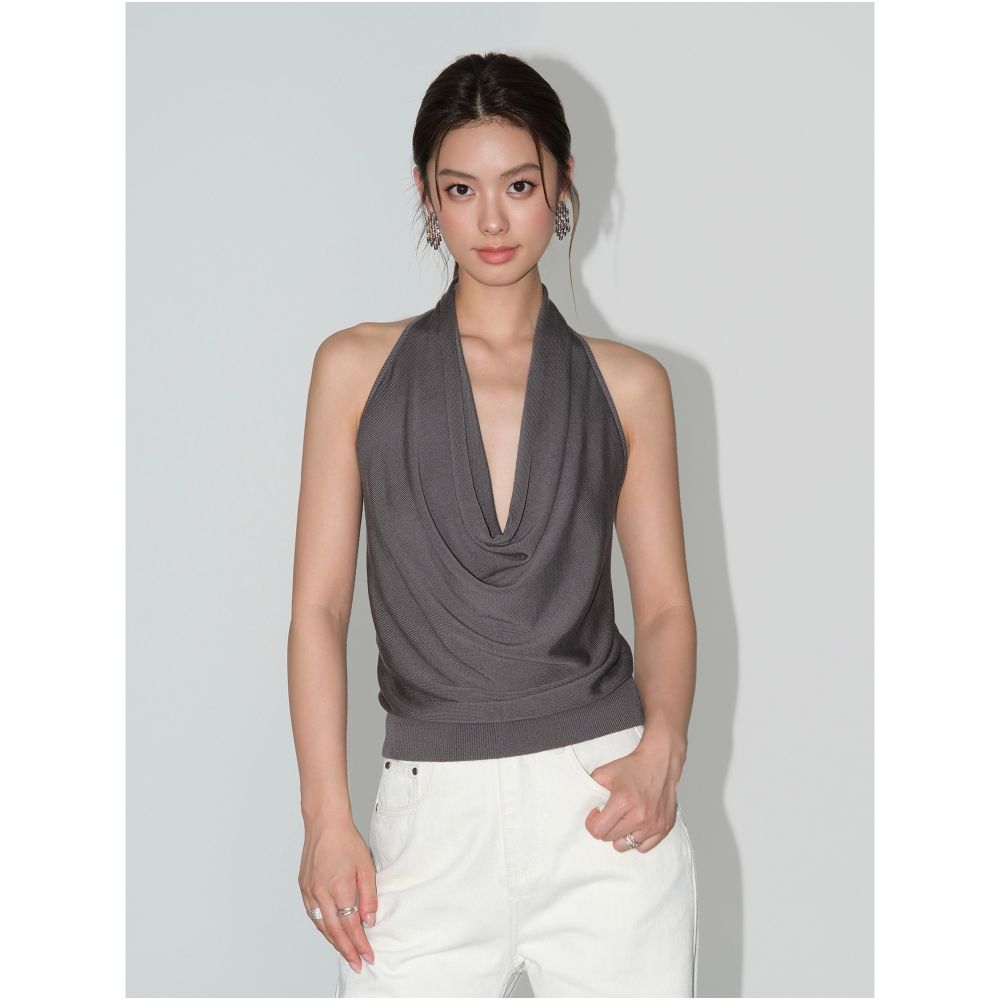 ASAYA7278 – Étoile Drape Halter Knit Top ✨🖤🤍