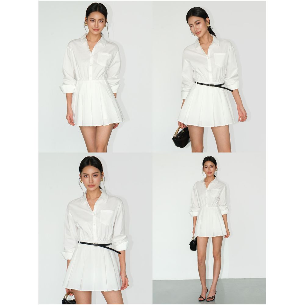NEVA HU White Long Sleeved Dress for Women Miu Style Youthful Waist Defining Shirt Dress Stylish Short Skirt Pleated Skirt image 0