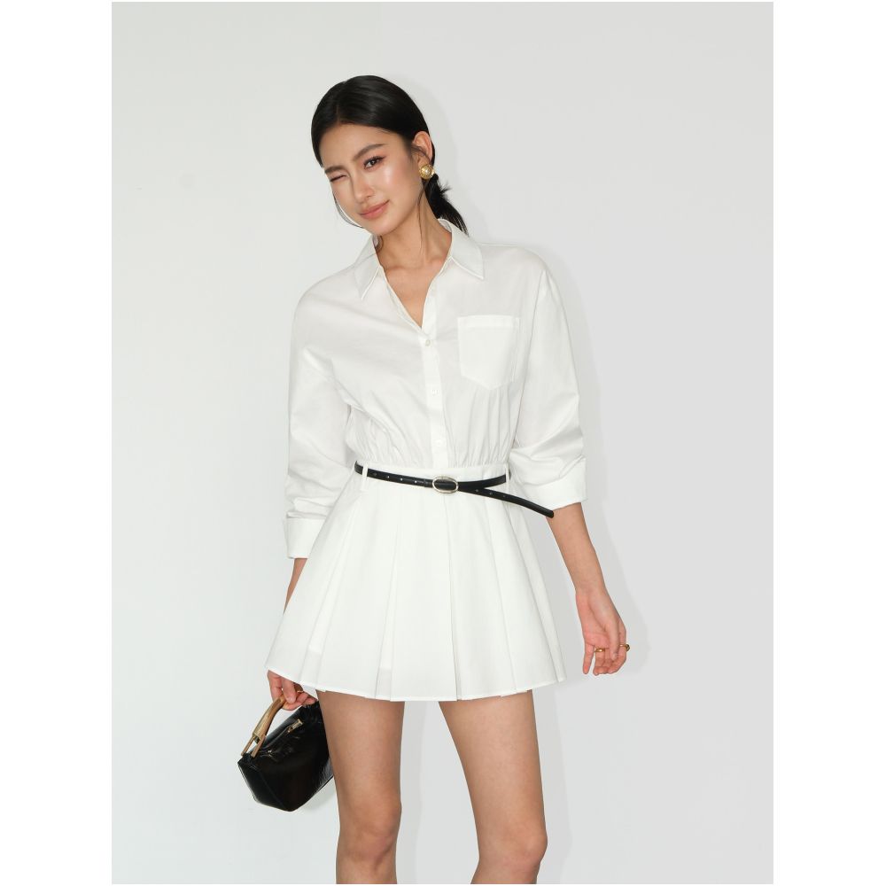 NEVA HU White Long Sleeved Dress for Women Miu Style Youthful Waist Defining Shirt Dress Stylish Short Skirt Pleated Skirt image 4
