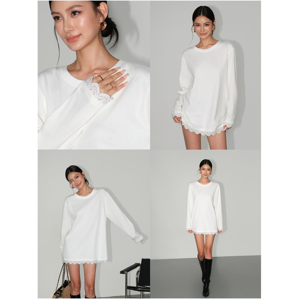 NEVA HU Sweet and Salty Round Neck Patchwork Lace Long Sleeve T Shirt Women s Loose Casual Korean Style Top image 1