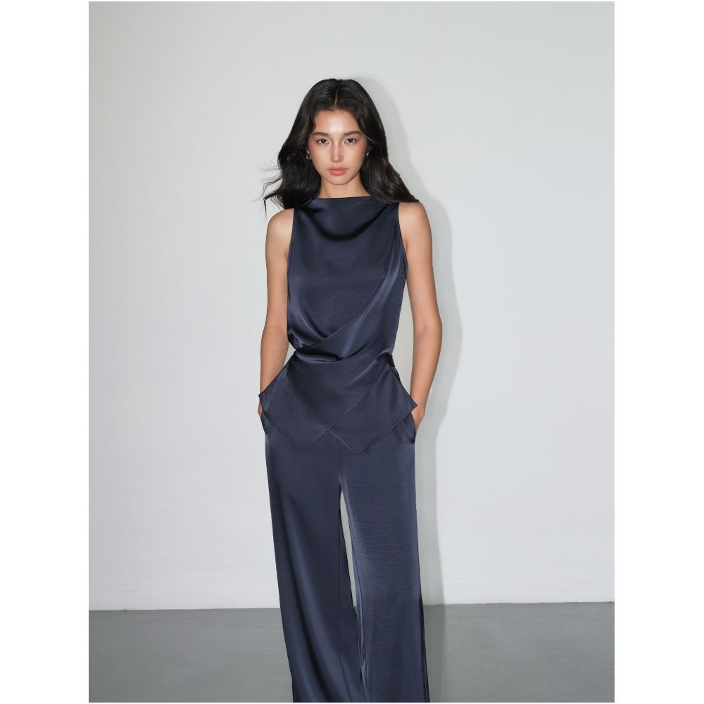 NEVA HU Slow Melody Style Irregular Cross Satin Vest for Women Relaxed Wide Leg Casual Pants Set image 3