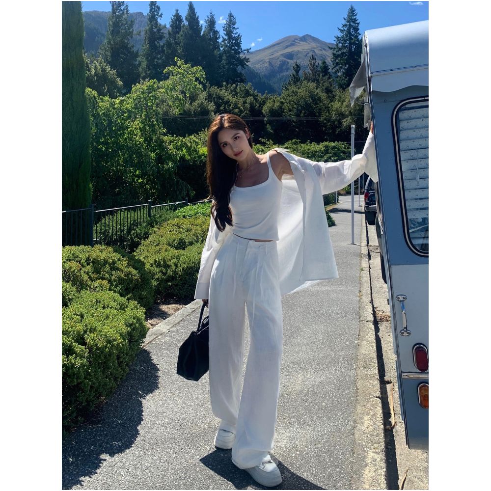 NEVA HU Ramie Shirt Set for Women Relaxed and Loose fitting Long sleeved Shirt Wide leg Shorts Casual Pants image 1