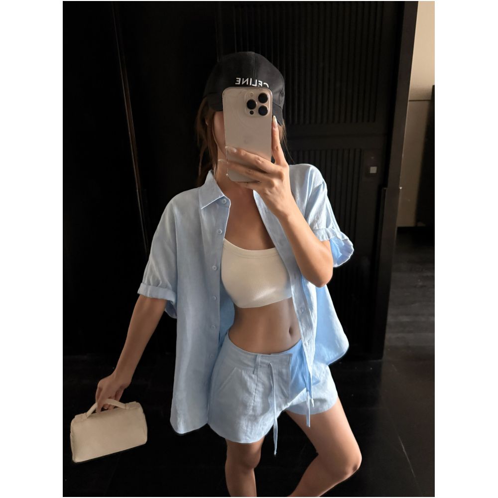 NEVA HU Ramie Shirt Set for Women Relaxed and Loose fitting Long sleeved Shirt Wide leg Shorts Casual Pants image 3