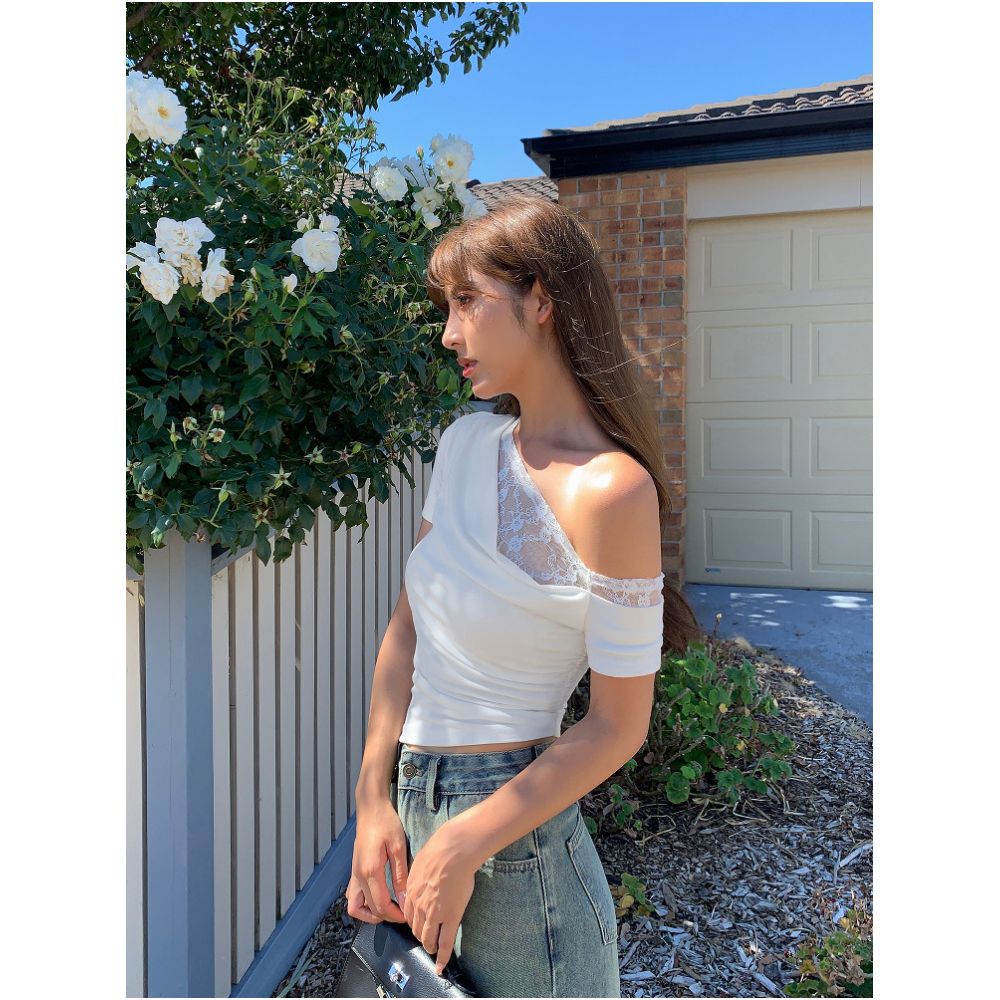 NEVA HU Asymmetrical Neck Off Shoulder Lace Trimmed Short Sleeve T Shirt for Women Slim Fit Elegant Design Unique Style Swing Neck Top image 0