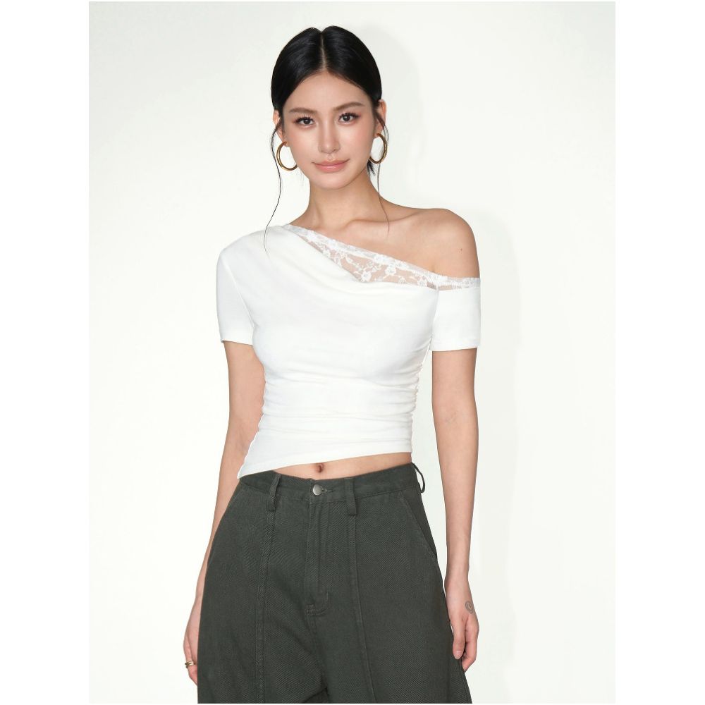 NEVA HU Asymmetrical Neck Off Shoulder Lace Trimmed Short Sleeve T Shirt for Women Slim Fit Elegant Design Unique Style Swing Neck Top image 2