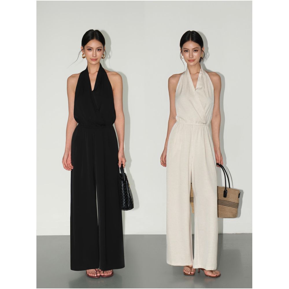 NEVA HU Old Money Style V neck Halter Neck Sleeveless Jumpsuit Sexy Backless Waist cinching Jumpsuit Wide leg Casual Pants image 0