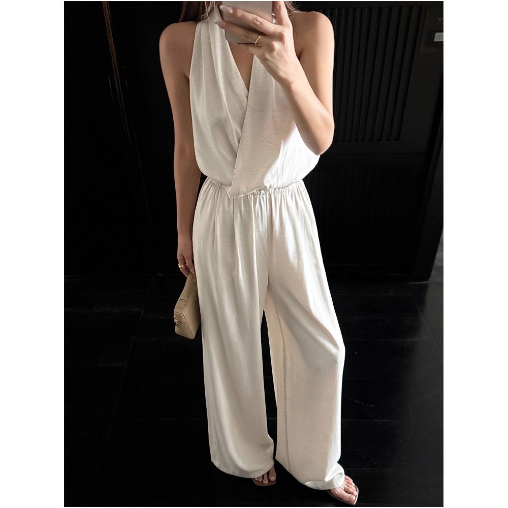 NEVA HU Old Money Style V neck Halter Neck Sleeveless Jumpsuit Sexy Backless Waist cinching Jumpsuit Wide leg Casual Pants image 3