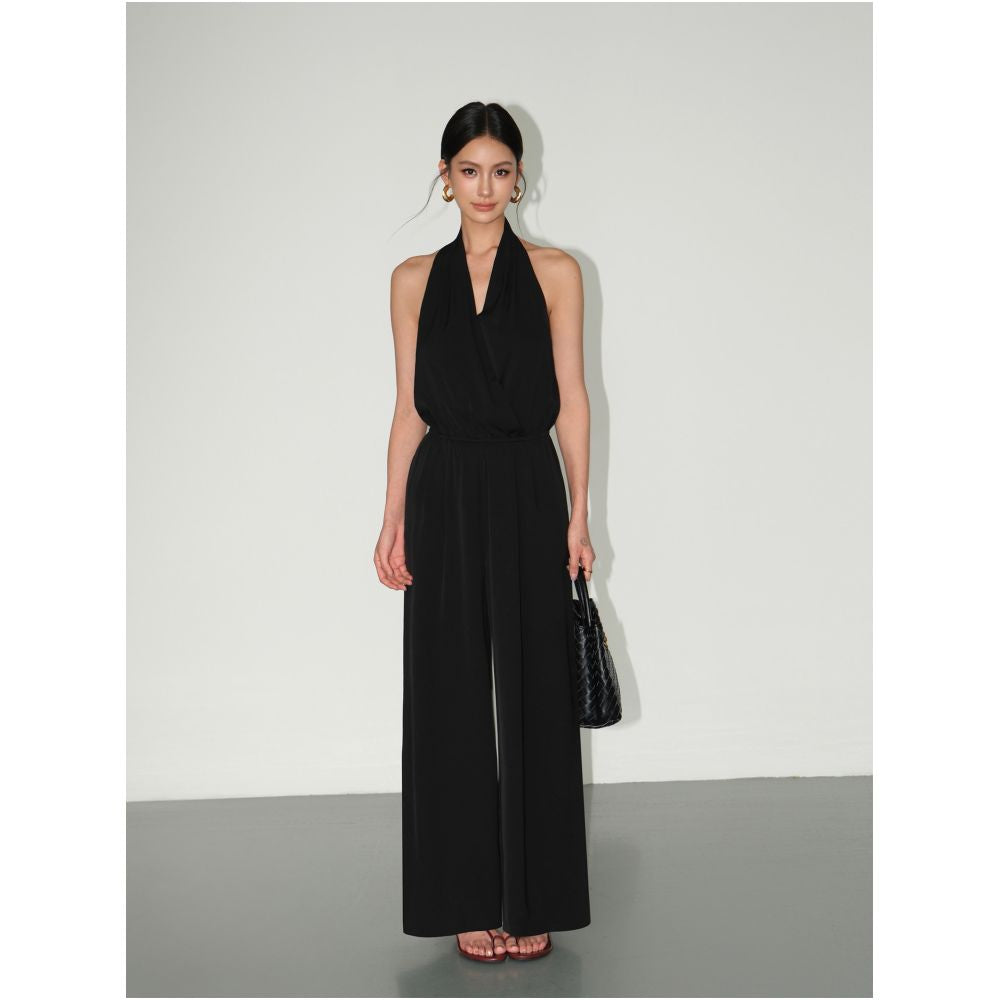 NEVA HU Old Money Style V neck Halter Neck Sleeveless Jumpsuit Sexy Backless Waist cinching Jumpsuit Wide leg Casual Pants image 4