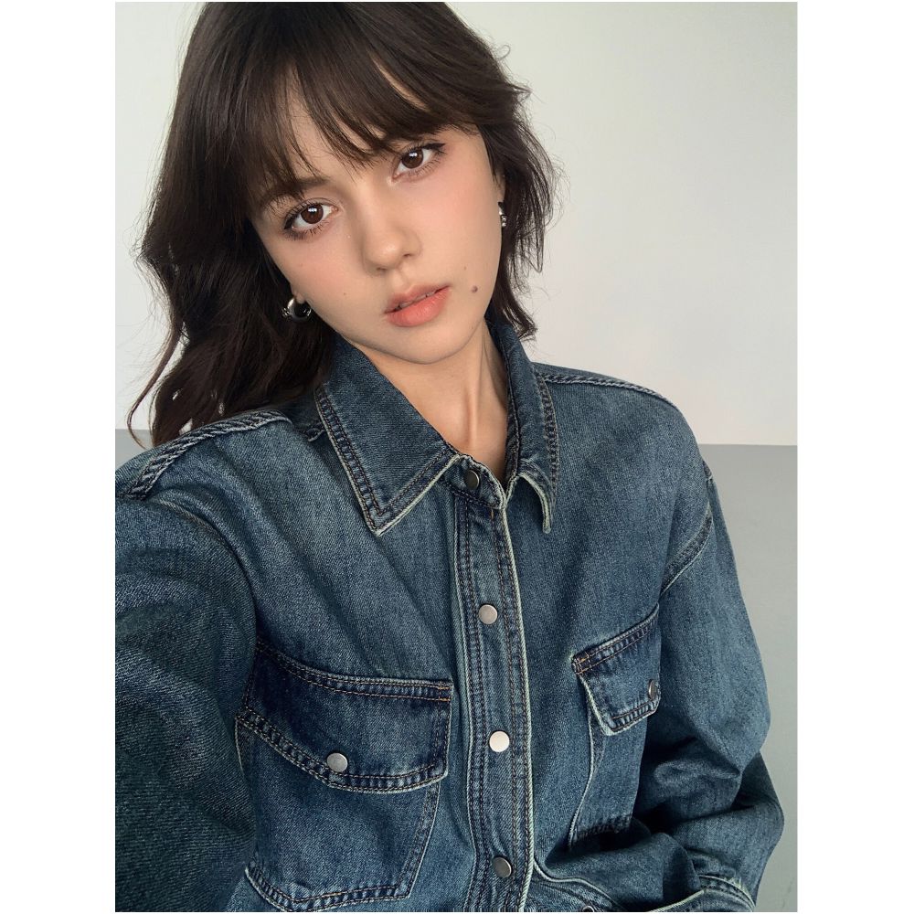 NEVA HU Blue Retro Denim Shirt Women s New Loose Casual Design Long Sleeved Jacket Top image 2