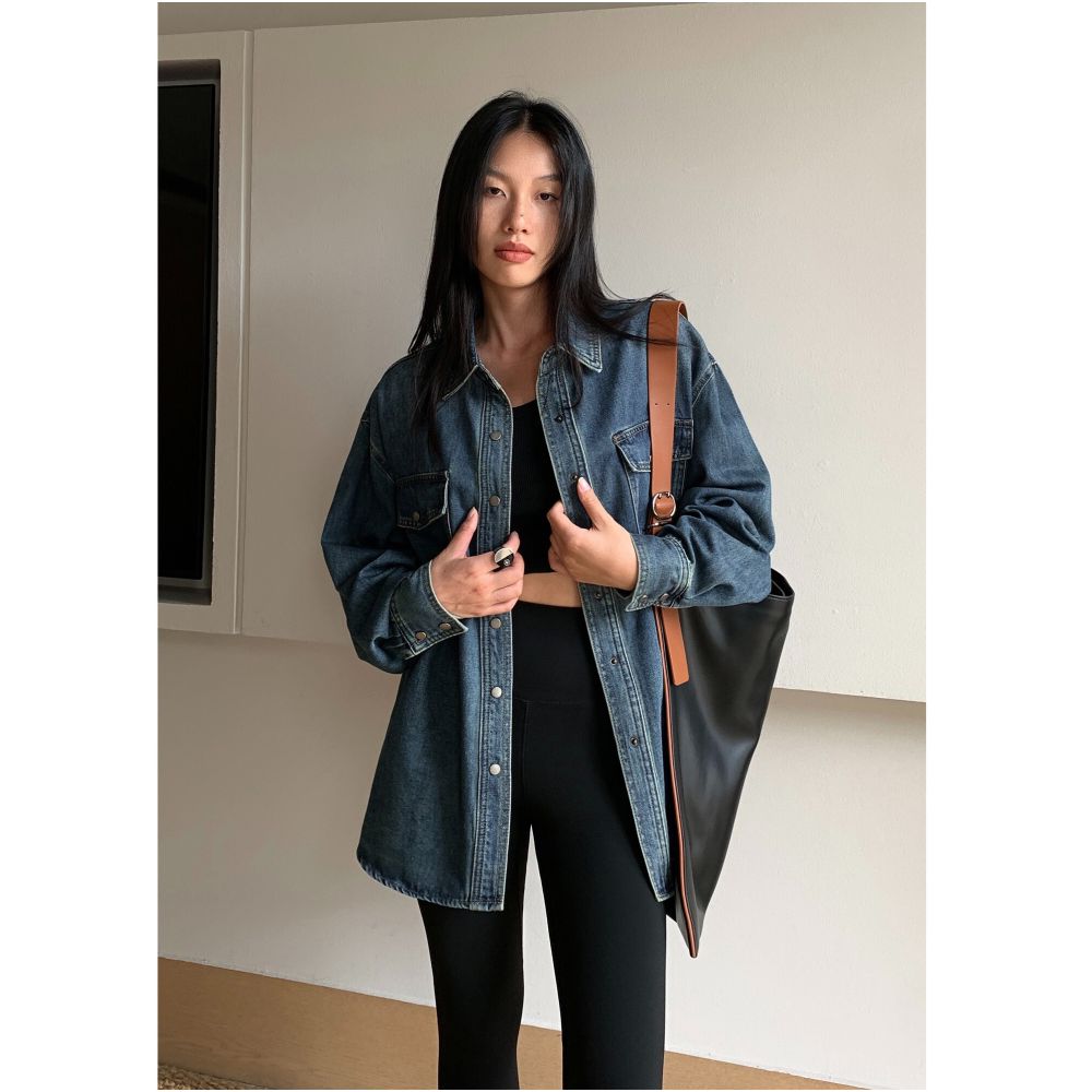 NEVA HU Blue Retro Denim Shirt Women s New Loose Casual Design Long Sleeved Jacket Top image 3