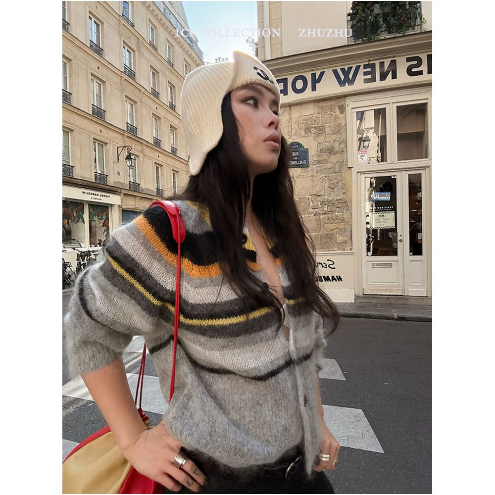 1CP Green Mohair Soft Striped Knit Cardigan for Women Spring 2026 New Style Gray Warm Wool Top image 1