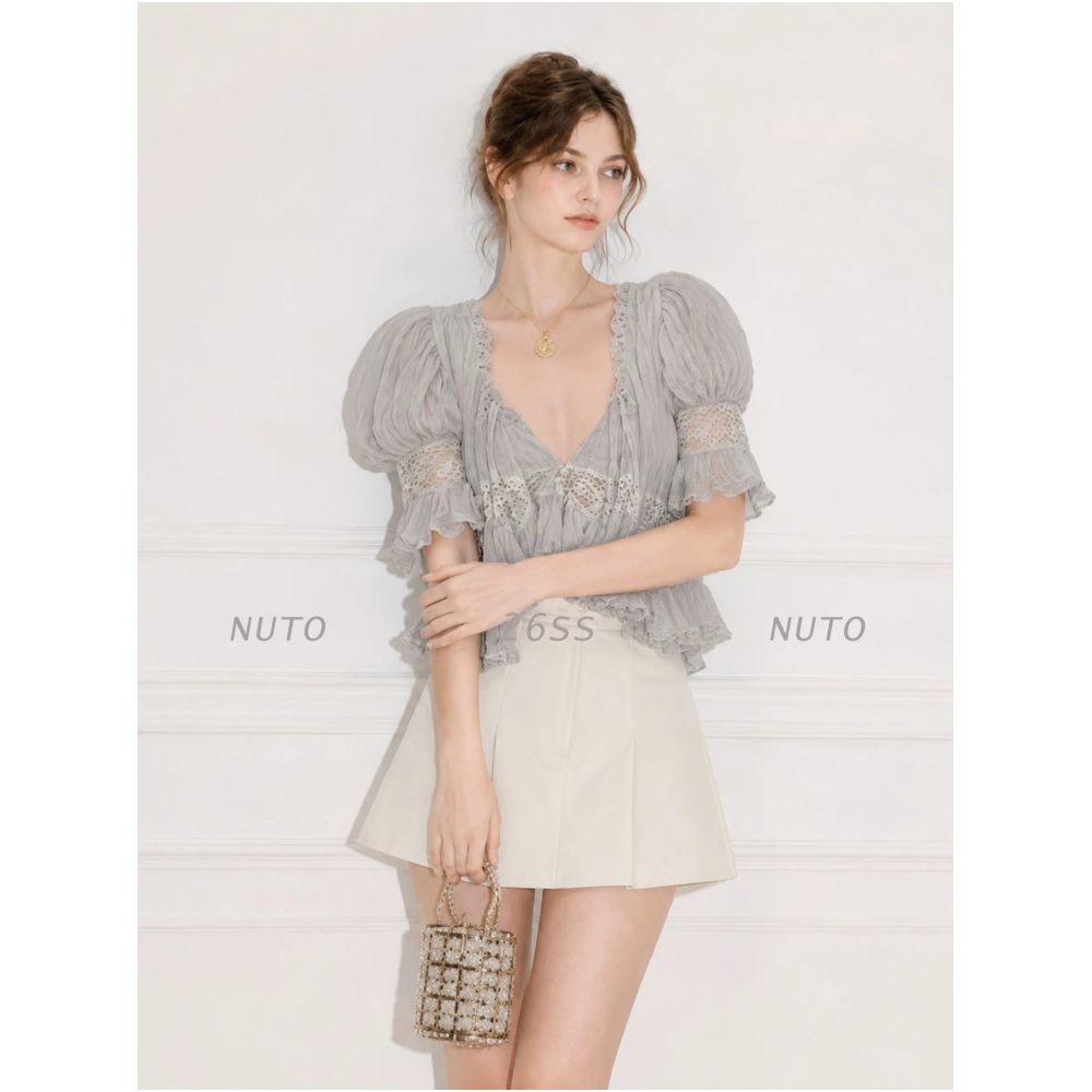 NUTO French style puff sleeve blouse with an ethereal and beautiful misty blue fitted waist image 2