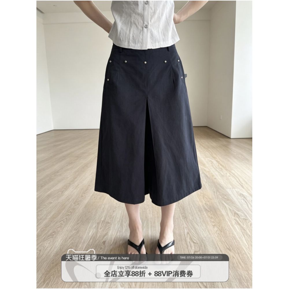 RREIKO Linen Blend Mid Waist Pleated Wide Leg A Line Studded Cropped Mini Skirt image 0