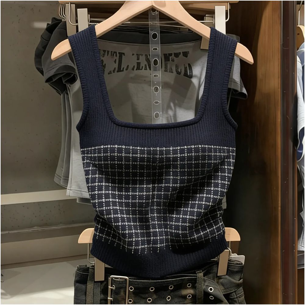 ASAYA7308 – Midnight Check Knit Tank 🖤✨