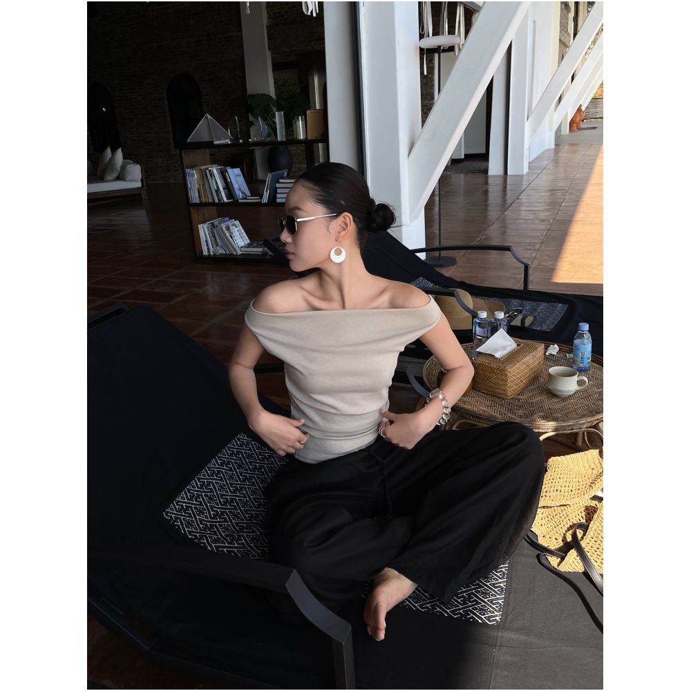 PURITY YH Niche Design Minimalist Elephant Grey Off Shoulder Versatile Slimming Solid Color Vest Top image 0