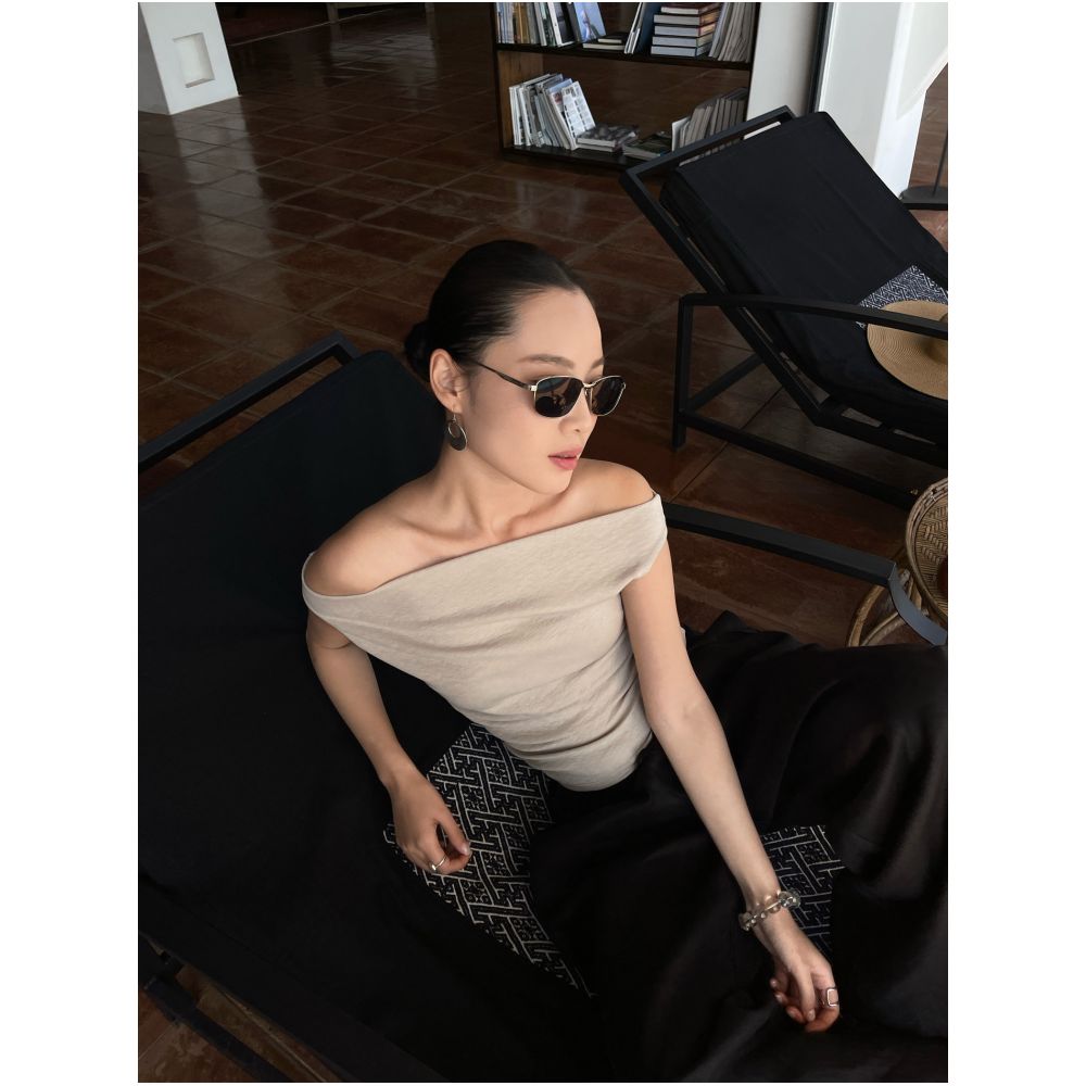 PURITY YH Niche Design Minimalist Elephant Grey Off Shoulder Versatile Slimming Solid Color Vest Top image 2