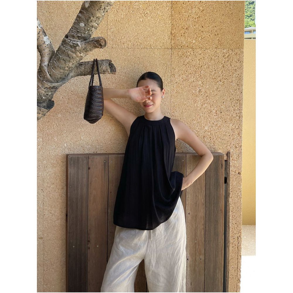 PURITY YH Minimalist Linen Black Sleeveless Halter Neck Top for Women Summer French Style Off Shoulder Babydoll Vest image 0
