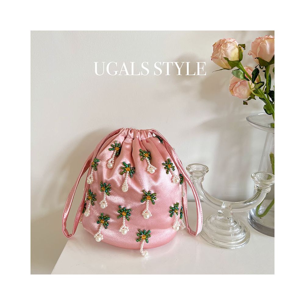UGALS New Chinese Style Pink Floral Evening Dress Silk Hand woven Beaded Tassel Bucket Bag Underarm Crossbody Bag image 0