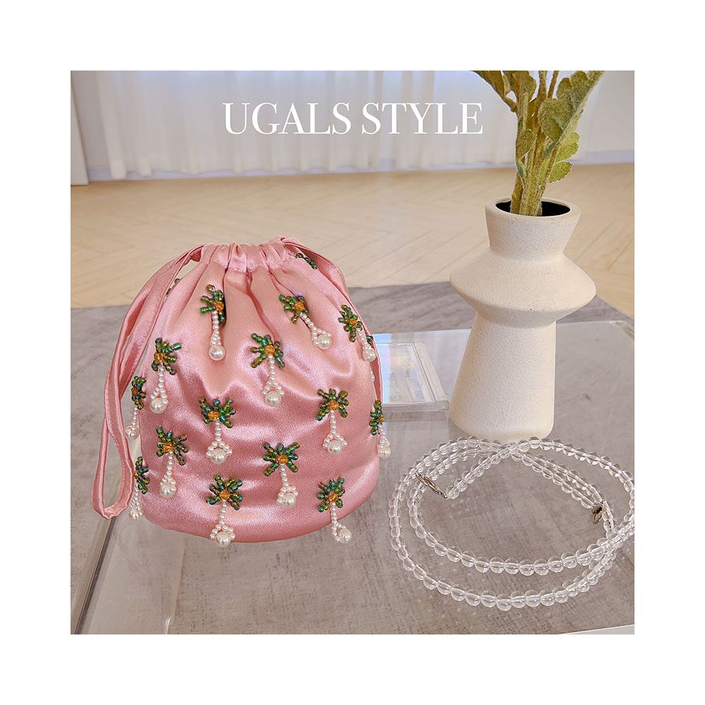 UGALS New Chinese Style Pink Floral Evening Dress Silk Hand woven Beaded Tassel Bucket Bag Underarm Crossbody Bag image 1