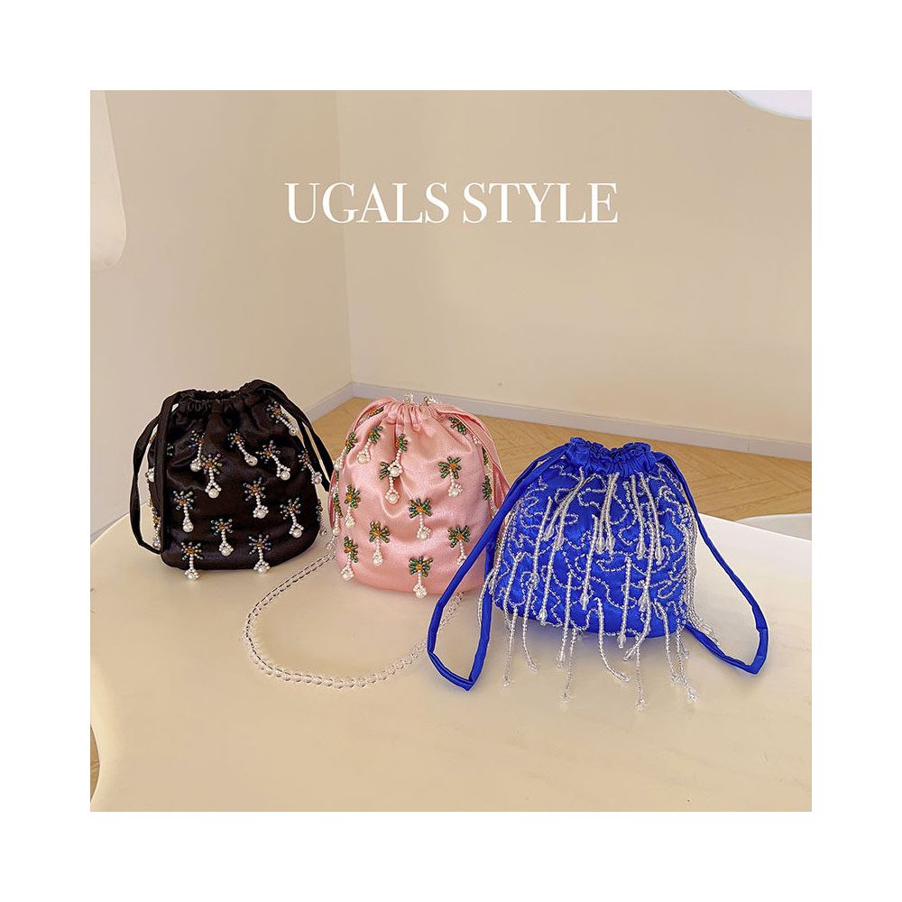 UGALS New Chinese Style Pink Floral Evening Dress Silk Hand woven Beaded Tassel Bucket Bag Underarm Crossbody Bag image 3