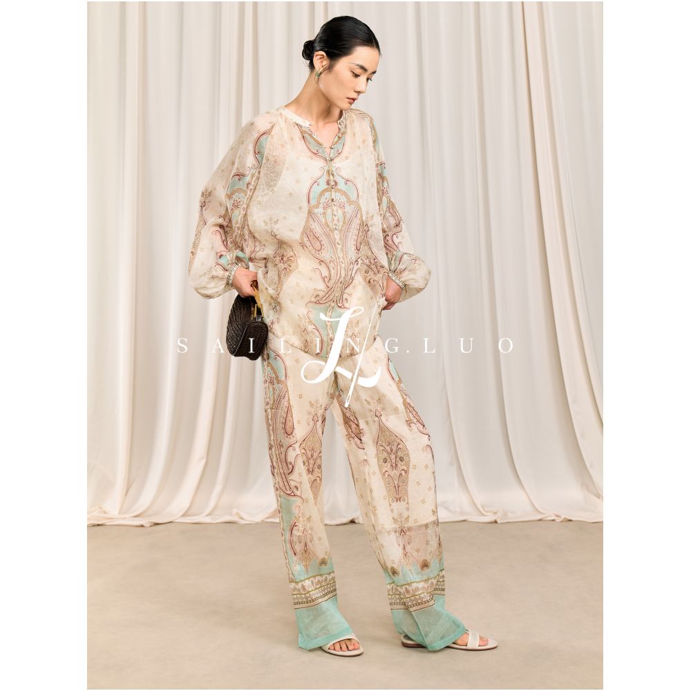 SAILING LUO 2026 New Linen Silk Printed Tie Waist Loose Fit Shirt and Trousers Set image 0
