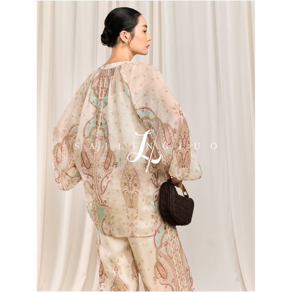 SAILING LUO 2026 New Linen Silk Printed Tie Waist Loose Fit Shirt and Trousers Set image 1