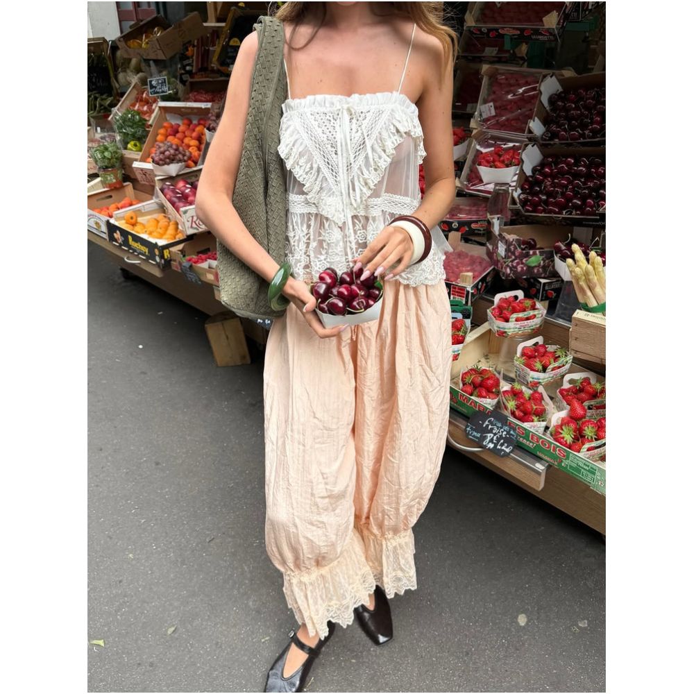 Free People white lace trimmed lantern pants casual comfortable cool slightly sheer loose fitting cropped pants perfect for summer image 1