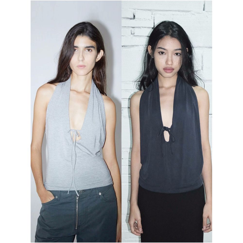 PalomaWool Dark Blue Cupro Washed Halter Neck Top In Stock Gray Cotton Stretch Deep V Neck Tie Waist Backless image 0