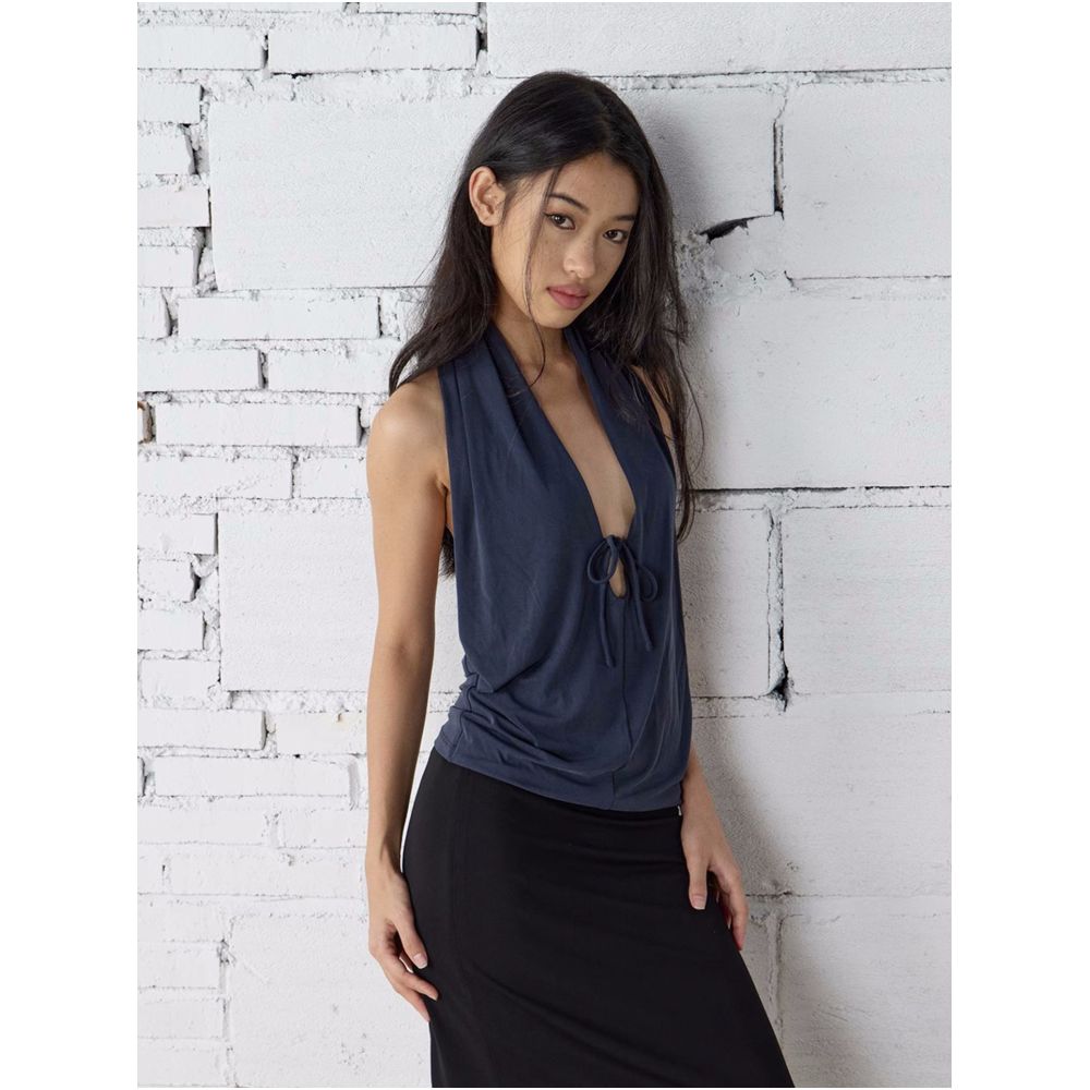 PalomaWool Dark Blue Cupro Washed Halter Neck Top In Stock Gray Cotton Stretch Deep V Neck Tie Waist Backless image 1