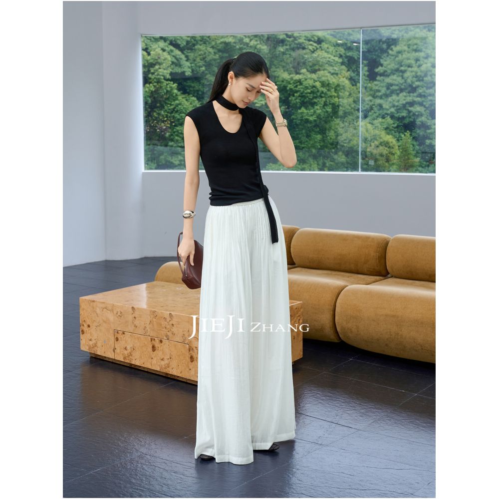 Zhang Qi JIEJI Women s Wide Leg Casual Skirt Pants Autumn High Waisted Loose Fitting Pleated Long Pants Elastic Waist Cloud Pants image 2