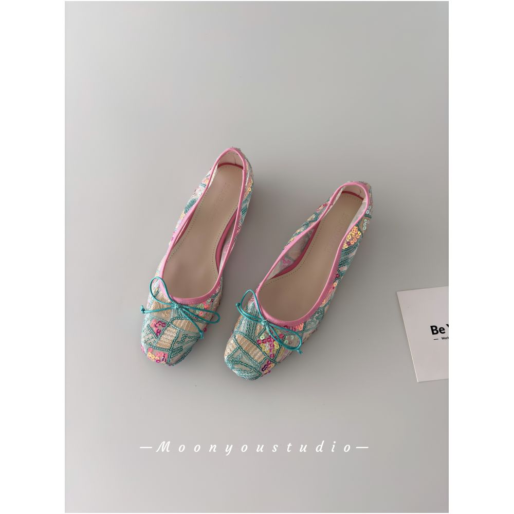 Moonyou handcrafted heavy sequin embroidered bow square toe ballet flats for women elegant and slimming image 3